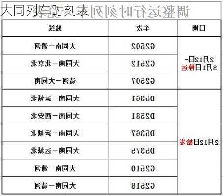 大同列车时刻表